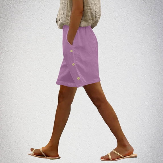 Crunowin Womens Linen Walk Shorts, Casual Solid Lightweight Breathable Beach Shorts with Button Decoration Purple 2XL