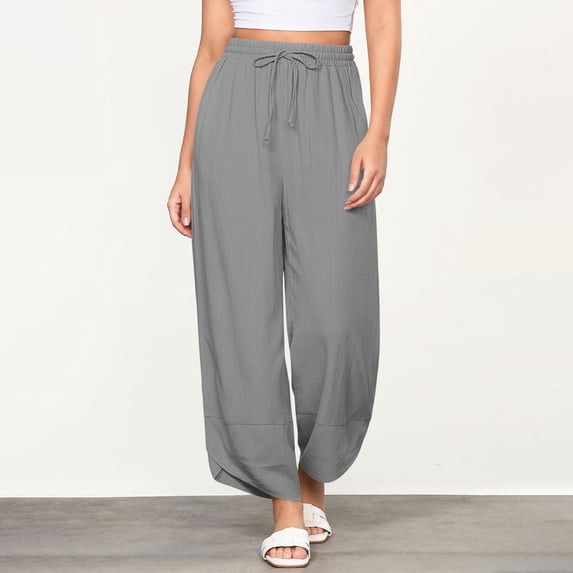 Crunowin Womens Linen Wide Leg Pants, Casual Loose Drawstring Summer Beach Travel Vacation Palazzo Pants with Pockets Gray L