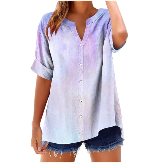 Crunowin Womens Loose Fit V-neck Tops Short Sleeve Gradient Color Button Shirts Blue Size XL