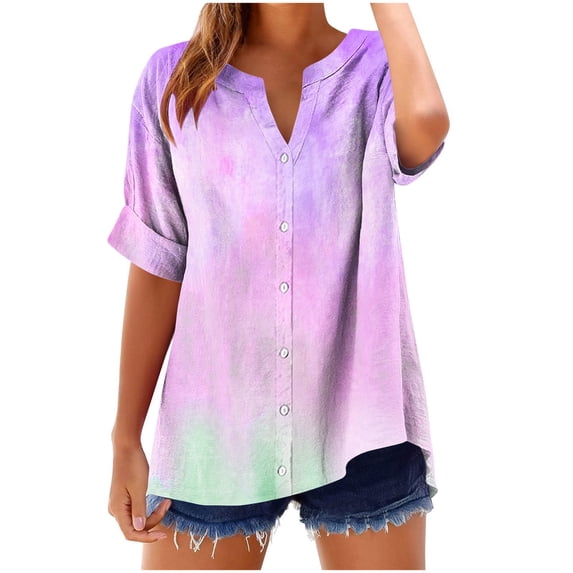 Crunowin Womens Loose Fit V-neck Tops Short Sleeve Gradient Color Button Shirts Purple Size L