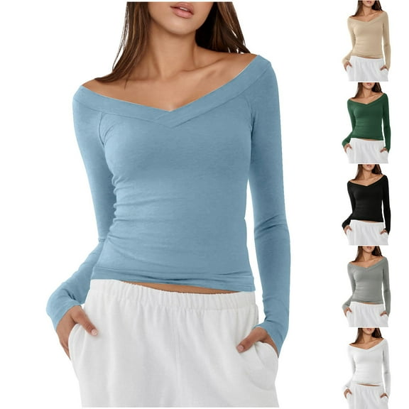 Crunowin Womens Off Shoulder V-neck Crop Tops Casual Long Sleeve Slim Basic T-Shirts Sky Blue Size L