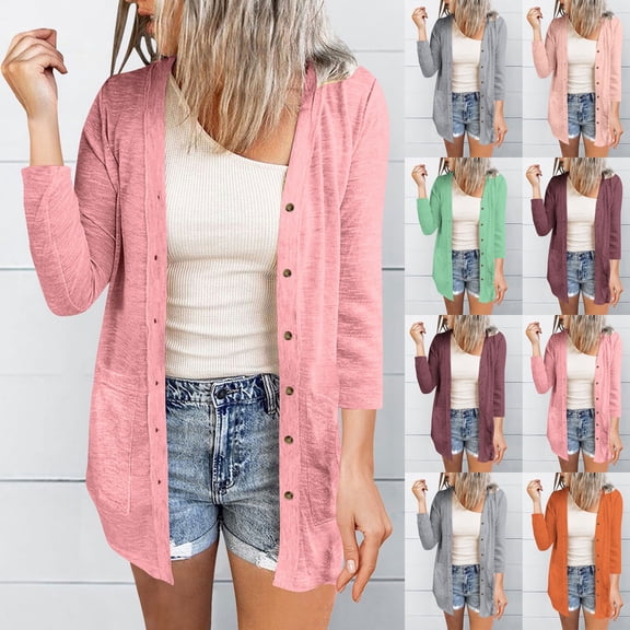Crunowin Womens Open Front Cardigan, Casual Buttoned 3/4 Sleeve Blouse Top Pink XL