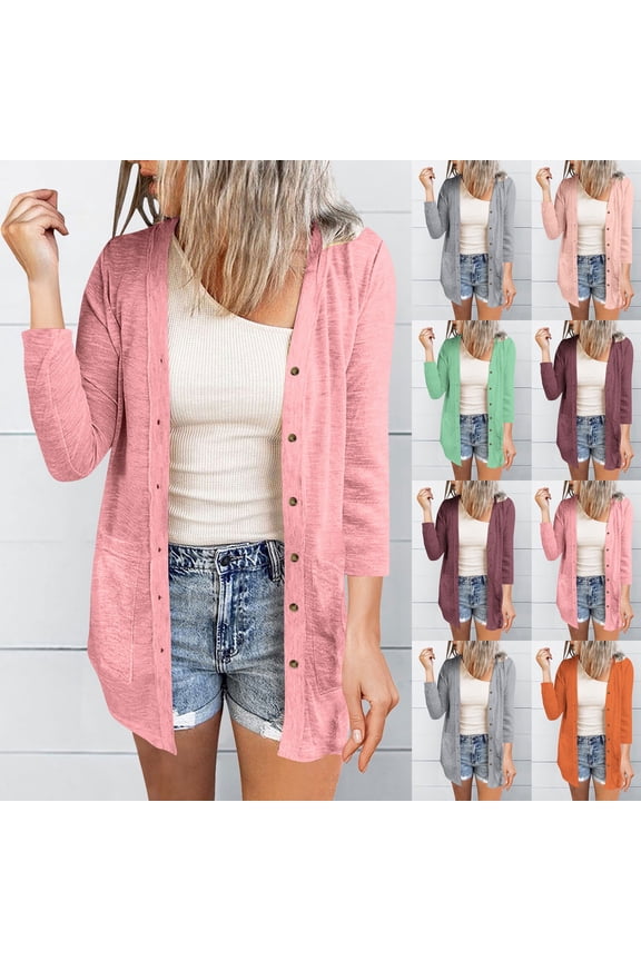 Womens Open Front Cardigan, Casual Buttoned 3/4 Sleeve Blouse Top Watermelon Red XL