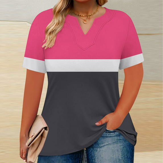 Crunowin Womens Oversized Tshirts Summer Crew Neck Tees Color Block Casual Short Sleeve Tee Tops Hot Pink Size L