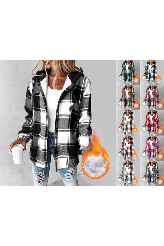 Womens Plaid Shacket Jacket, Fleece Lined Flannel Jackets Oversized Button Up Fleece Hooded Warm Coat Black L