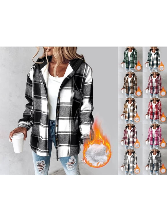 Womens Plaid Shacket Jacket, Fleece Lined Flannel Jackets Oversized Button Up Fleece Hooded Warm Coat Green L