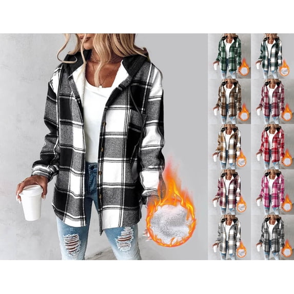 Crunowin Womens Plaid Shacket Jacket, Fleece Lined Flannel Jackets Oversized Button Up Fleece Hooded Warm Coat Hot Pink M