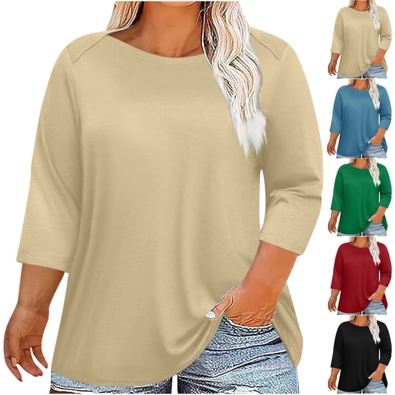 Crunowin Womens Plus Size 3/4 Length Sleeve Tops Boat Neck Loose Fit Tee Tunic Blouse Red Size 4XL