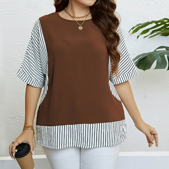 Crunowin Womens Plus Size Striped Shirts Trendy Round Neck Short Sleeve Blouse Tops Coffee Size 3XL