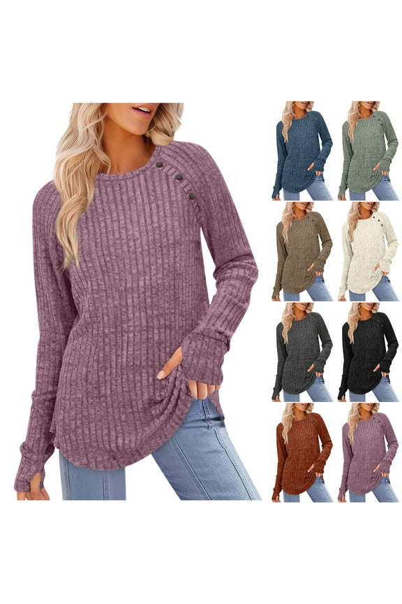 Womens Ribbed Knit Tops, Long Sleeve Round Neck Undershirts Spring Fall Tunic Tops Purple S