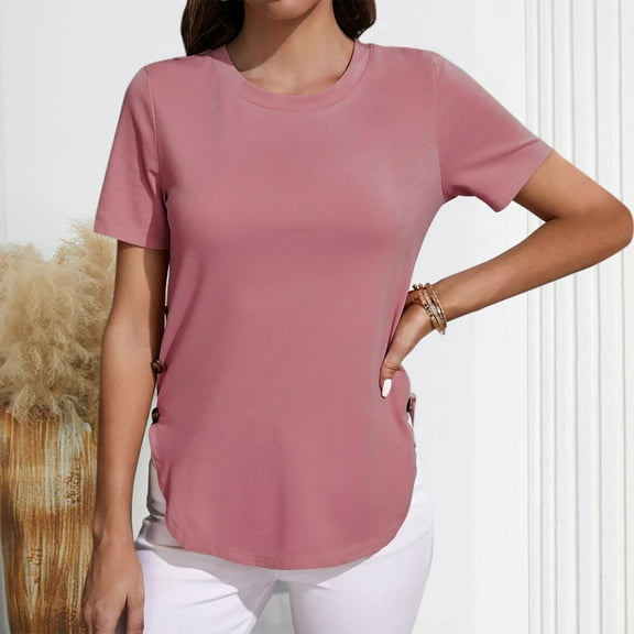Crunowin Womens Round Neck T-shirts with Button Decor Solid Color Short Sleeve Summer Tops Pink Size M
