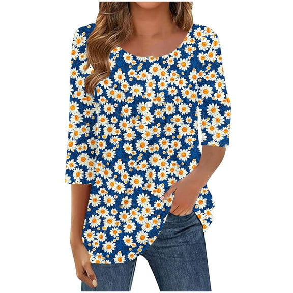 Crunowin Womens Tops 3/4 Sleeve, Round Neck Casual Tunic Tops Graphic Print Tees Blouses Dressy T-Shirts Pleated Shirts Navy L