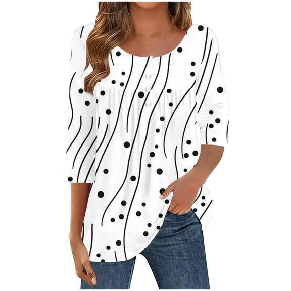 Crunowin Womens Tops 3/4 Sleeve, Round Neck Casual Tunic Tops Graphic Print Tees Blouses Dressy T-Shirts Pleated Shirts White 2XL