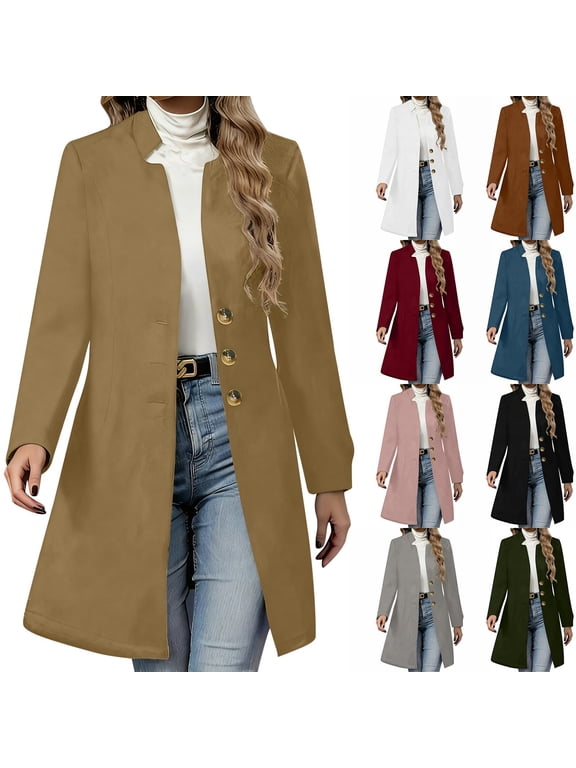 Womens Trench Coat, Single Breasted Long Jacket Long Sleeve Pea Coat for Fall Winter White M