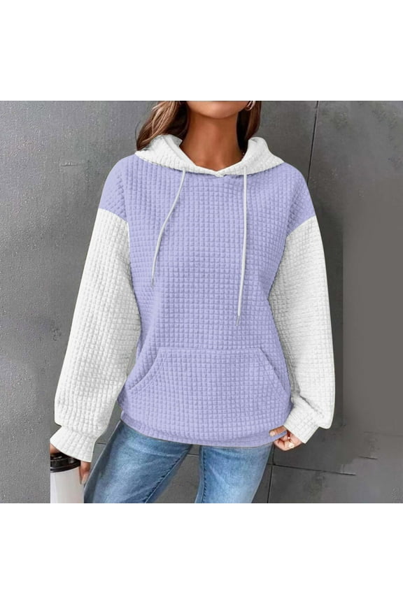 Womens Waffle Knit Hoodie, Long Sleeve Sweatshirts Contrast Color Casual Fall Pullover Purple L