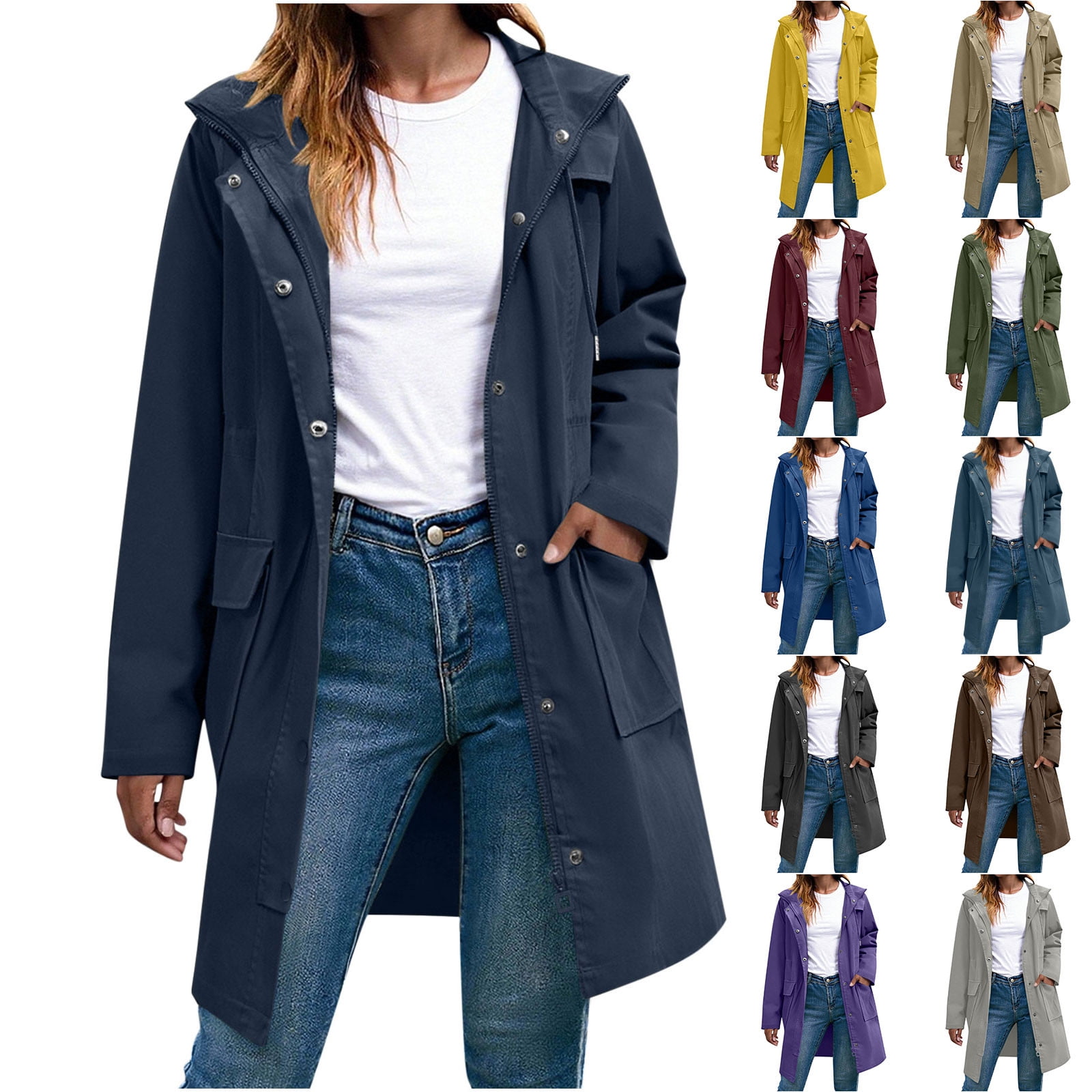 Crunowin Womens Windbreaker Long Sleeve Button Rainproof Long Hooded Crunowin Womens Windbreaker Long Sleeve Button Rainproof Long Hooded