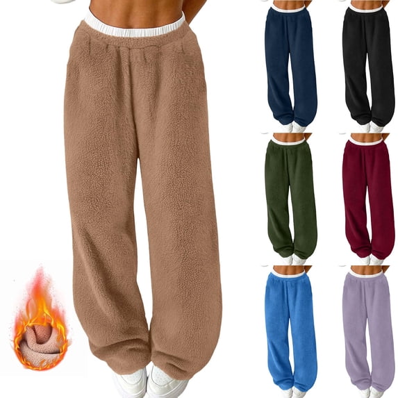 Crunowin Womens Winter Cozy Fleece Pants, Casual Fall Warm Soft Wide Leg Lounge Pants Beige L