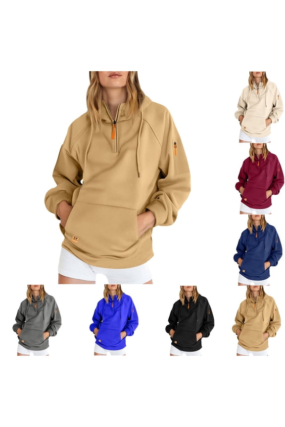Womens Work Out Sport Hoodie, Fall Winter Half Zip Oversized Sweatshirts Casual Pullover Tops Beige M