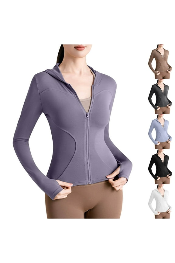 Work Out Yoga Shirts for Women Long Sleeve Full Zip Casual Sun Protection Hooded Jacket with Thumb Holes Purple Size L
