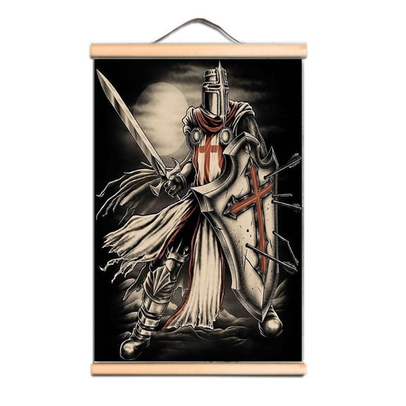 Crusader Armor Warrior Hanging Banner Nordic Style Wall Artwork Canvas Pictures Knights Templar Poster Wooden Scroll Painting Print Living Room Home Decor 1,Multicolor,23.5X35.4 inches