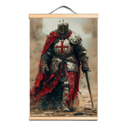 Crusader Armor Warrior Tapestry Hanging Banner Vintage Nordic Wall Artwork Knights Templar Posters and Prints Wooden Scroll Painting Living Room Home Decor Art 1,Multicolor,11.8X17.7 inches