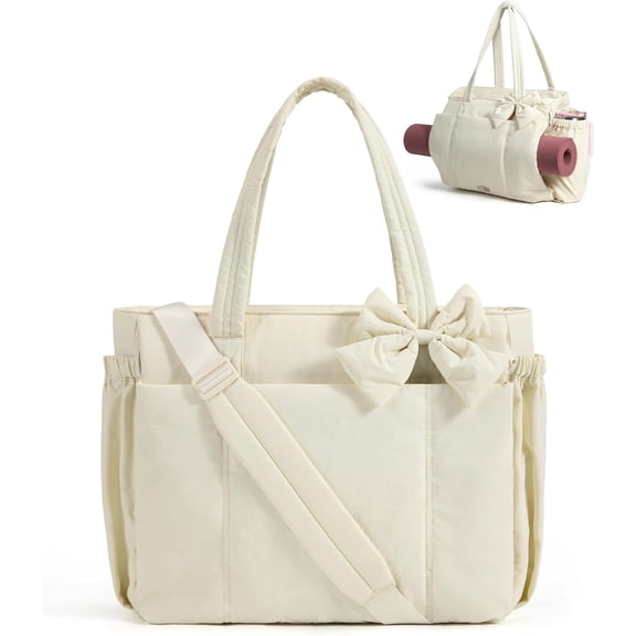 Crush Bow Tote Bag for Women, Large Work Tote with 40oz Tumbler, Puffer Travel Tote Bag for Work, Yoga, Gym