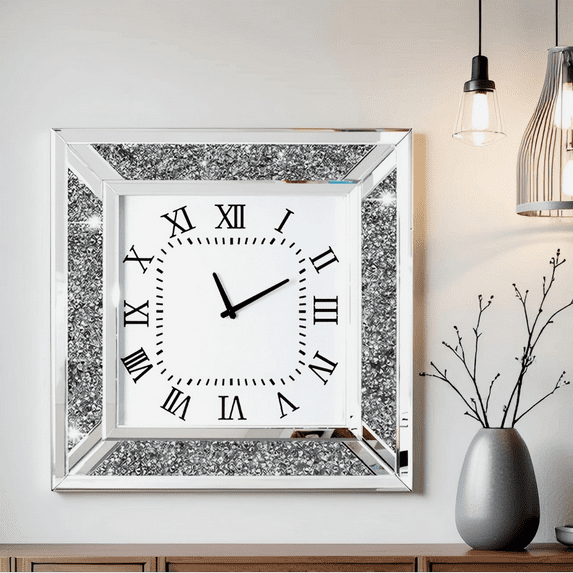 Crush Diamond Mirrored Square Wall Clock with Sparkle Bling Diamond Decor for Wall Decoration 24in
