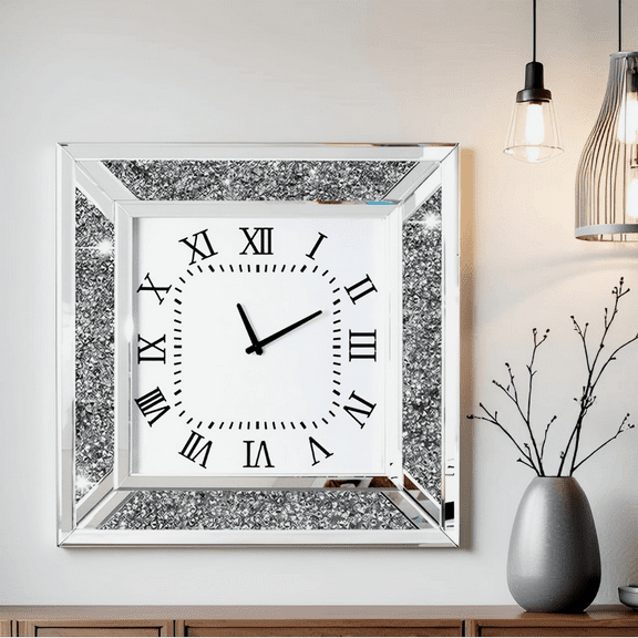 Crush Diamond Mirrored Square Wall Clock with Sparkle Bling Diamond Decor for Wall Decoration 24in