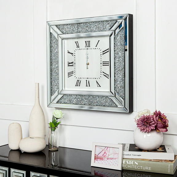 Crush Diamond Mirrored Square Wall Clock with Sparkle Twinkle Bling Diamond Decor for Wall Decoration 24in