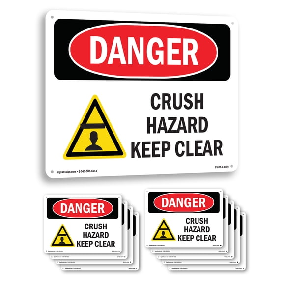 Crush Hazard Keep Clear OSHA Danger Rigid Plastic Sign 14 Inch x 10 Inch - 10 Pack