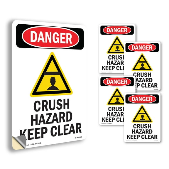 Crush Hazard Keep Clear OSHA Danger Vinyl Decal Label 7 Inch x 5 Inch - 5 Pack