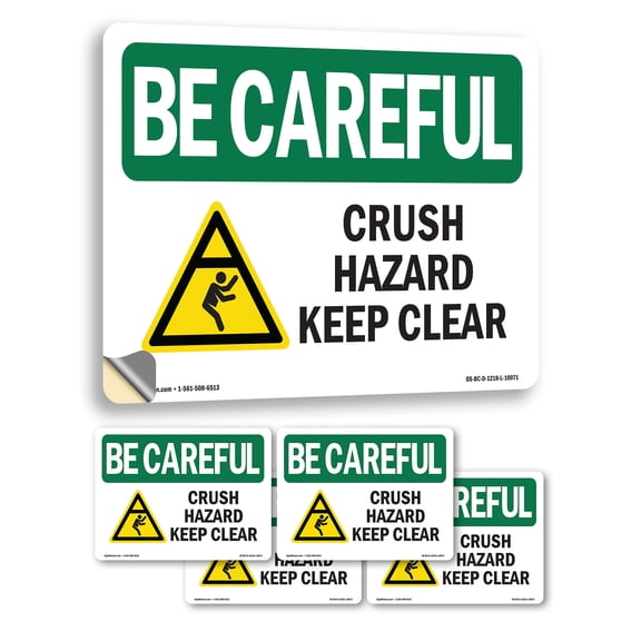 Crush Hazard Keep Clear With Symbol OSHA Be Careful Vinyl Decal Label 5 Inch x 3.5 Inch - 5 Pack