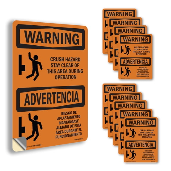 Crush Hazard Stay Clear Bilingual OSHA WARNING Vinyl Decal Label 10 ...