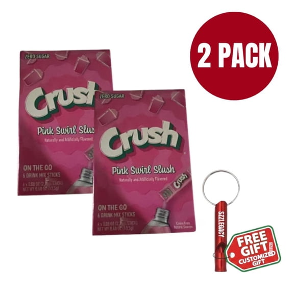 Crush Pink Swirl Slush On-The-Go Drink Mix (2 Pack) + Bonus Customized Emergency Whistle Zero Sugar Powder Sticks with Colors from Natural Sources