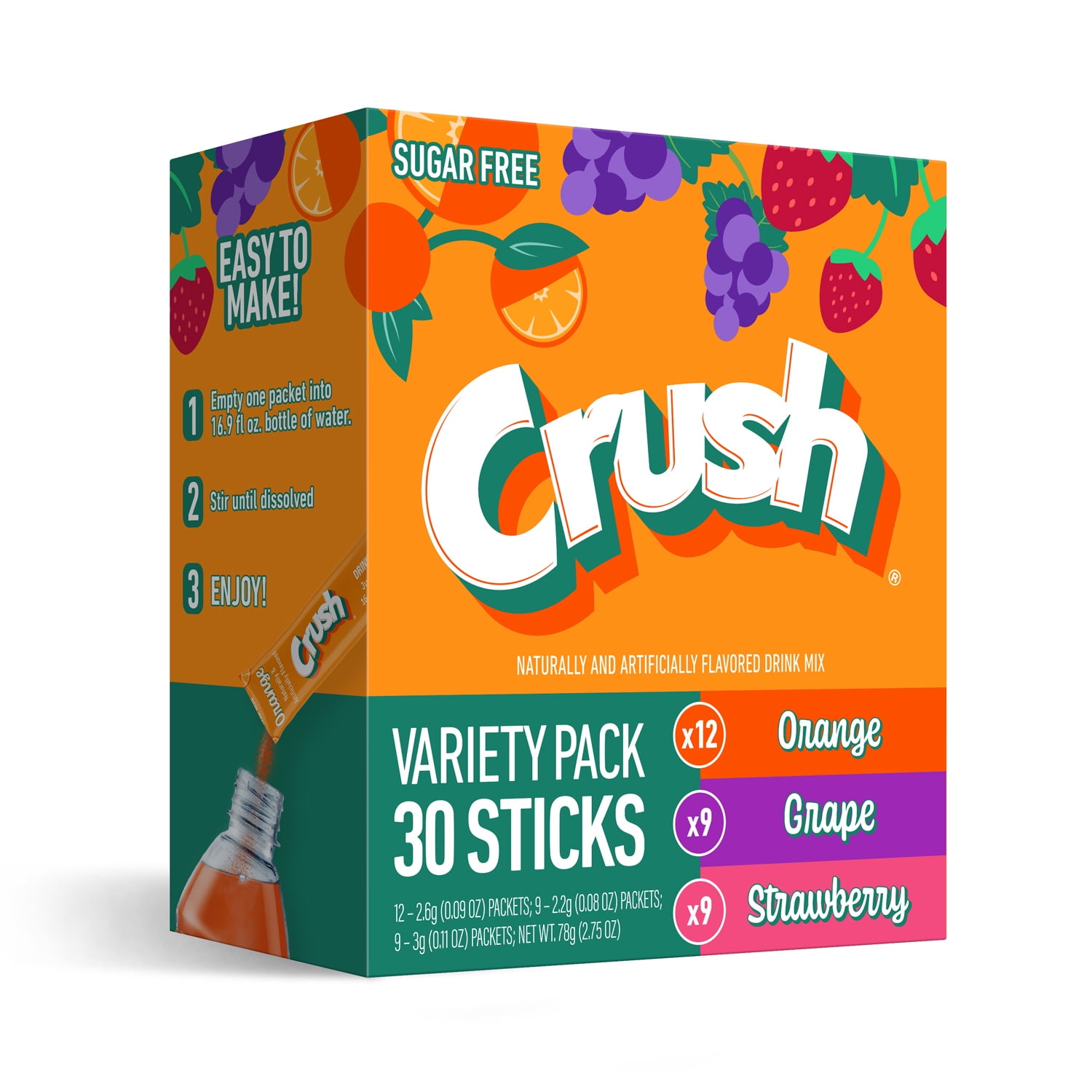 Crush Powdered Drink Mix Variety Pack, Orange, Grape & Strawberry, Sugar-Free, 30-Count