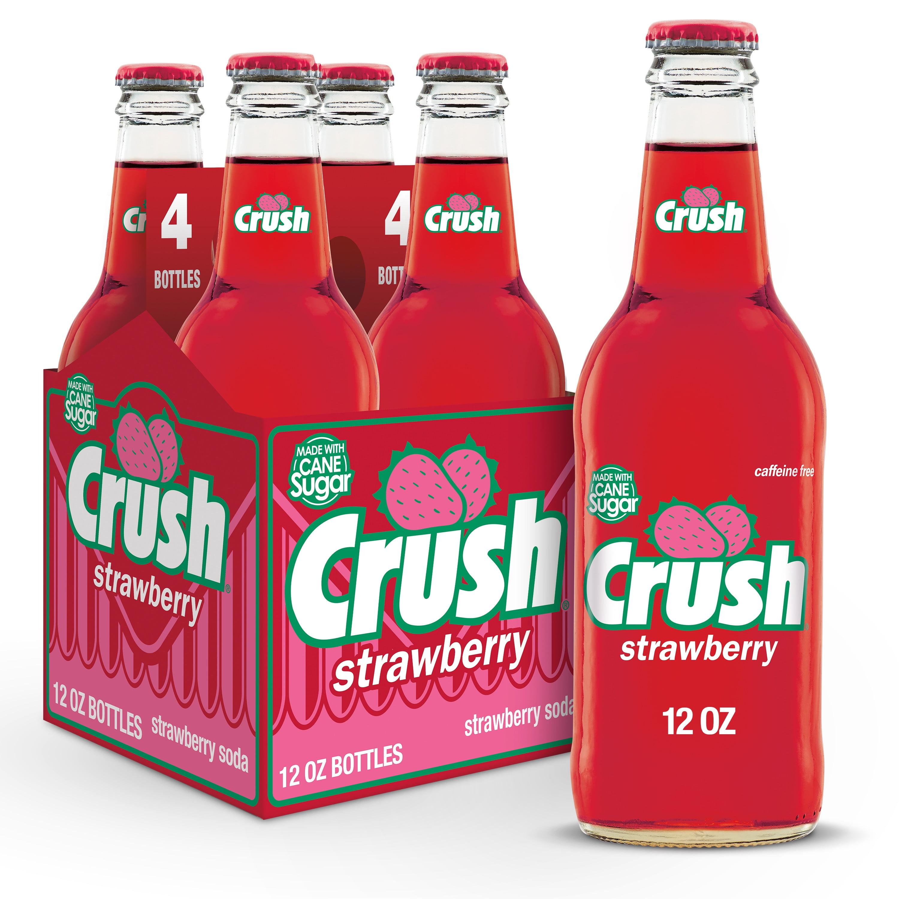 Crush Strawberry Soda Made with Sugar, 12 fl oz glass bottles, 4 pack
