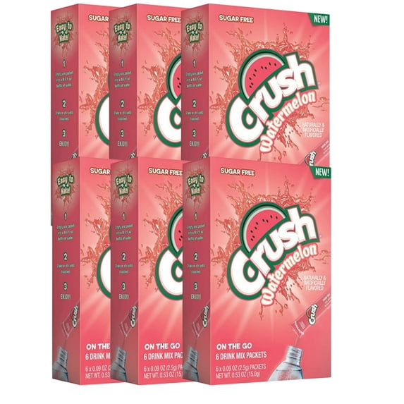 Crush Watermelon On the Go Drink Mix No Sugar Low-Calorie Refreshing Powdered Water Enhancer for Home Lunch Snacks Office Summer Indoor Outdoor Drinks 6 Sticks per Box Make 36 Servings Pack of 6