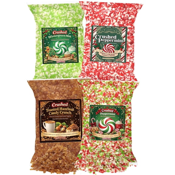 Crushed Candy Assortment, Christmas Dessert Toppings, Resealable Bags, 12 Ounces Each, 4 Pack