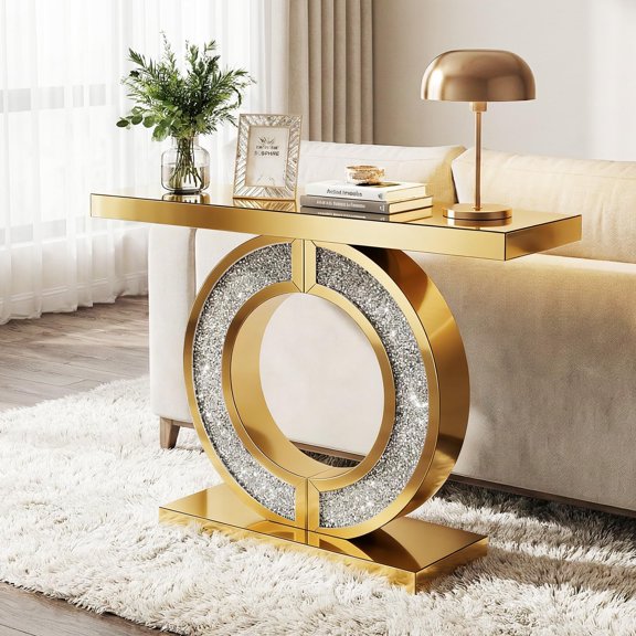 Crushed Diamond Console Table, Gold Mirrored Sparkling Table for Foyer, 5mm HD Mirror with Diamond Refraction, Sturdy Full Ring Crystal Base for Living Room Entryway