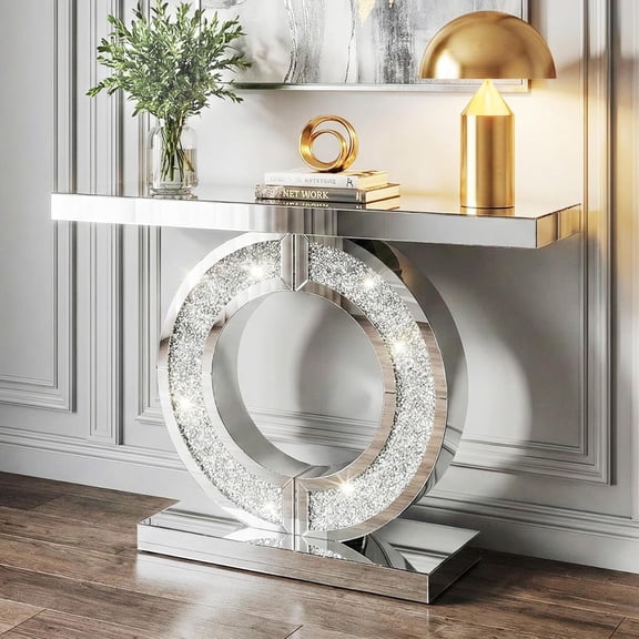 Crushed Diamond Console Table, Silver Mirrored Sparkling Table for Foyer, 5mm HD Mirror with Diamond Refraction, Sturdy Full Ring Crystal Base for Living Room Entryway