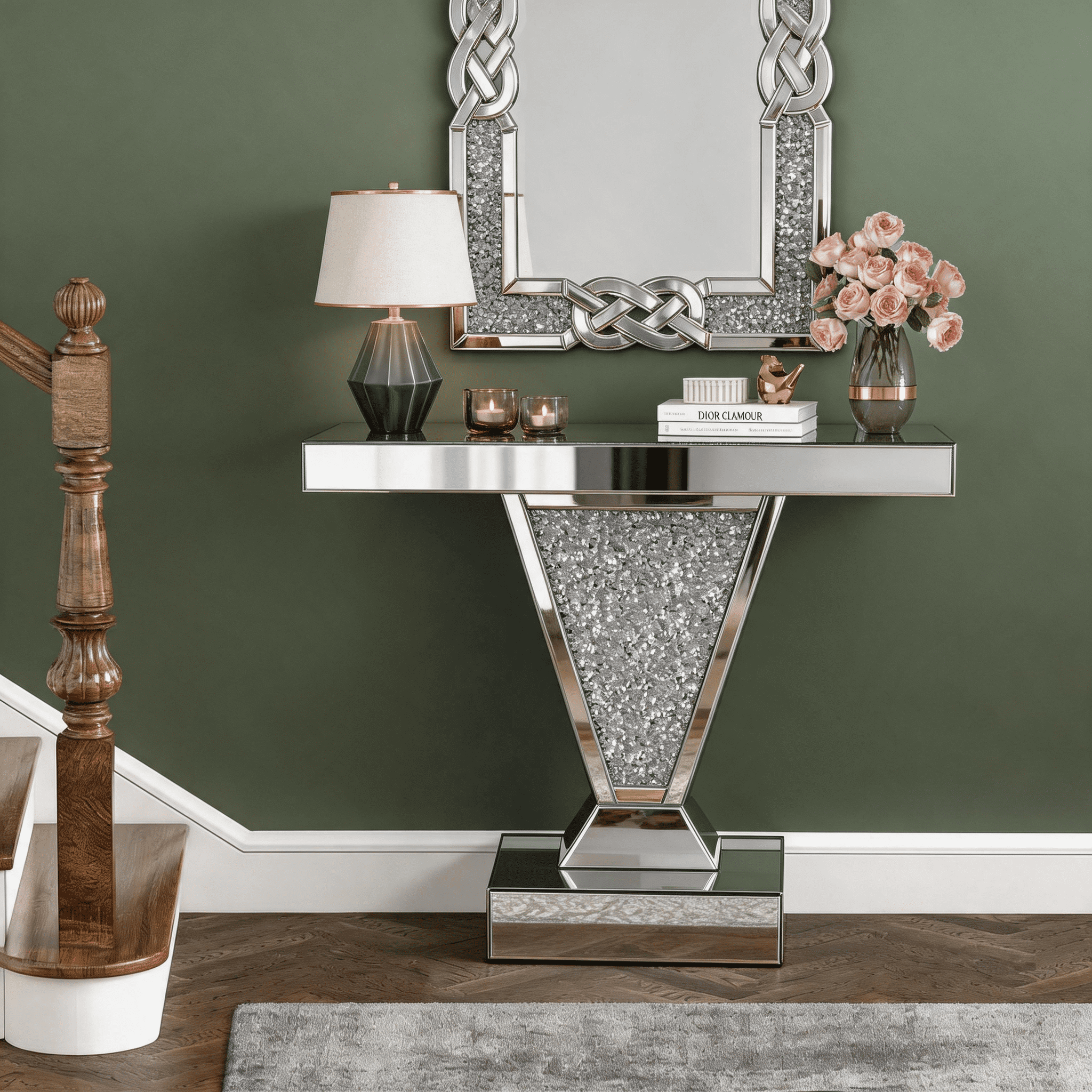 Crushed Diamond Mirrored Console Table, Shaped Crystal Inlay ...