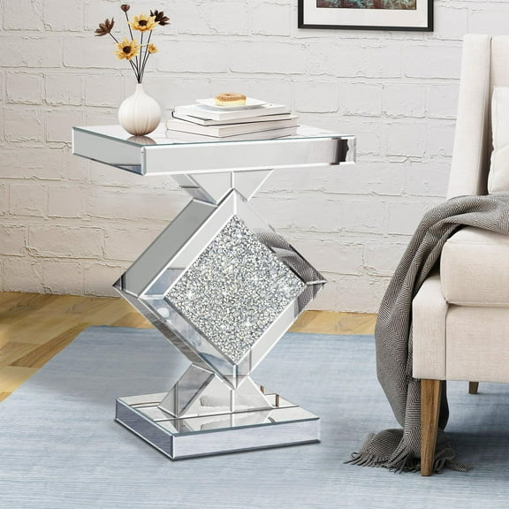 Crushed Diamond Mirrored End Table, Silver Side Accent Table, Small Mirrored Coffee Table for Living Room, Bedroom, 16"x16"x24"