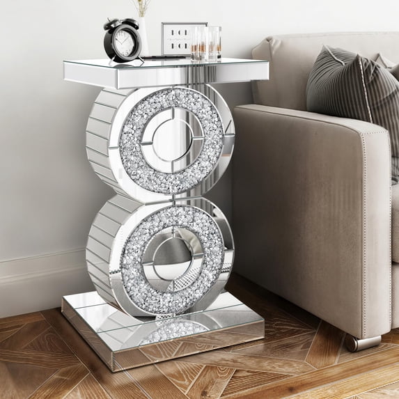 Crushed Diamond Mirrored End Table, Unique Side Table with Crystal Inlay,Coffee Table for Living Room Bedroom