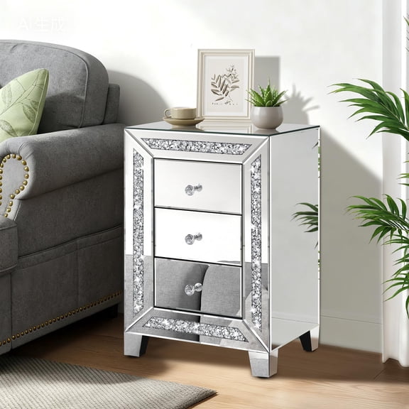 Crushed Diamond Mirrored Nightstand, Silver End Table with 3 Drawers Crystal Handle, Mirrored Bedside Table for Bedroom Living Room, No Assembly Needed