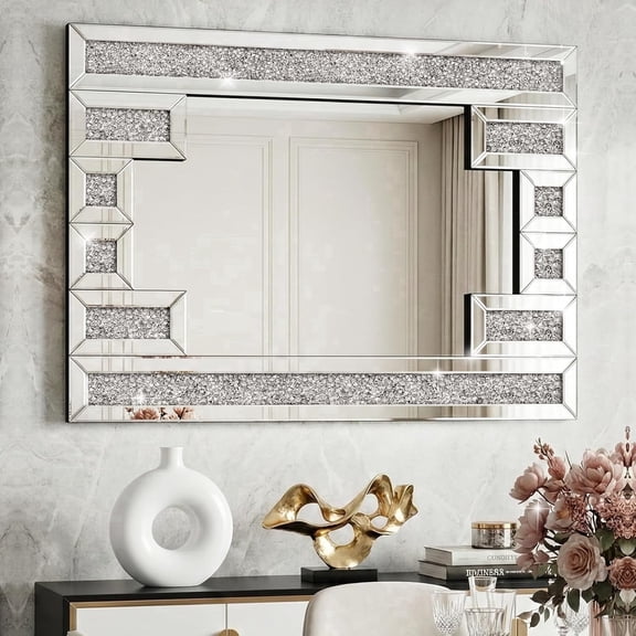LUOWENNA Crushed Diamond Rectangular Wall Mirror 28"x40", Bling Rhinestone Mirror Art Deco Silver, Hand-Inlaid Crystals for Living Dining Room Entryway Fireplace, Shatter-Proof Packaging