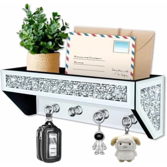 Crushed Diamond Wall Key Holder with Shelf, Crystal Mirror Wall Mounted Key Holder with Shelf for Entryway and Home Decor$$Home Decor, Kitchen, & Other