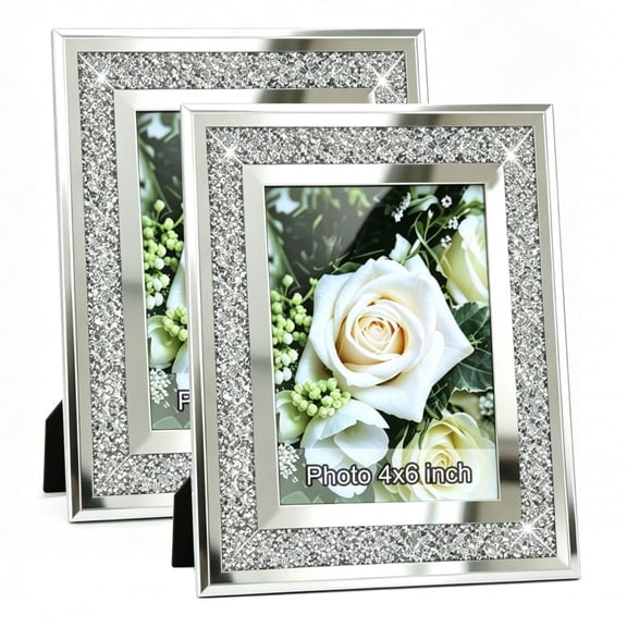 Crushed Diamond Wedding Mirror Photo Frame, Crystal Silver Glass Picture Frame For Photograph , Pack of 2 Pieces, table top Stand frame & Wall Frame. Bling Sparkle Crushed Diamond Home