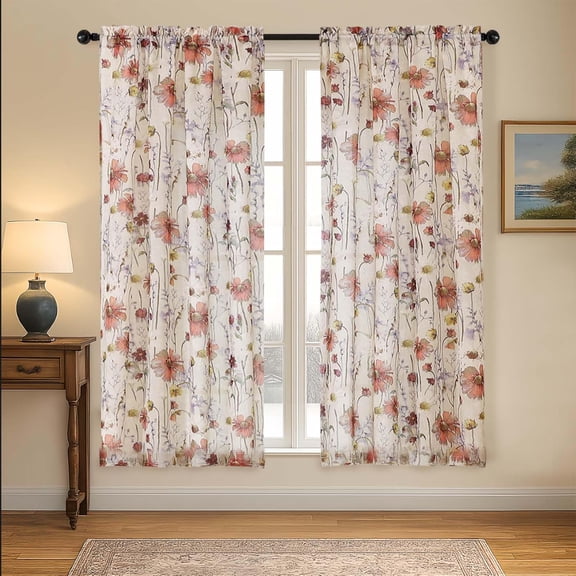 Crushed Floral Sheer Curtains for Bedroom 63 Inch Length for Living Room 2 Panels Set, Soft Airy Printed Design Textured Light Filtering Drapes, Semi Sheer Bedroom Curtains, Each 42Wx63L inches