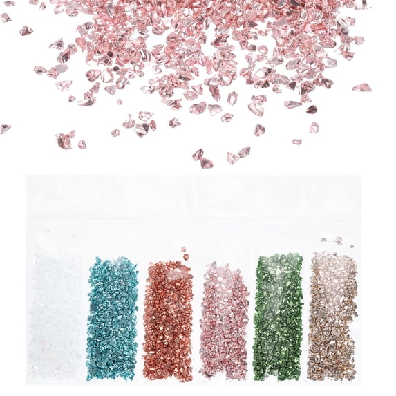 Uxcell 6Pcs Crushed Glass Chips High Luster Irregular Glass Chips 1.06 oz Transparency, Lake Blue, Roes Gold, Green, Red, Gold