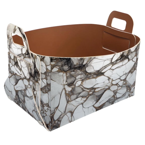 Crushed Marble Storage Basket Collapsible Storage Bin, PU Foldable Basket Convenient Box Storage Organizer with Handles for Shelves Office Bedroom Closet Nursery Toys Laundry